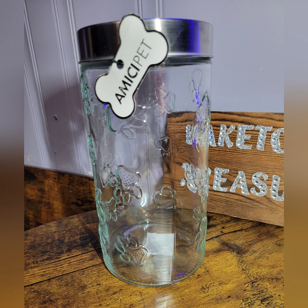AMICI PET Glass Dog paw print Storage Jar with Silver Lid